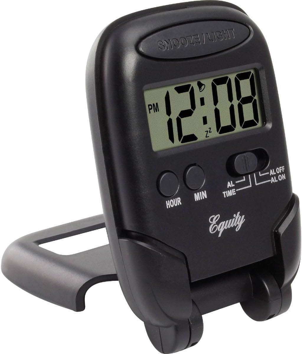 Equity LCD Fold-Up Travel Alarm Clock with Blue Backlight, 3.85L x 2.50W x 4.00H, Black