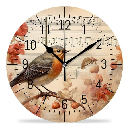 erolrail Rustic Wall Clock,Silent Non Ticking Wall Clocks for Living Room,Bedroom,Kitchen 12IN Vintage Collage Bird Poster Cute Drawing