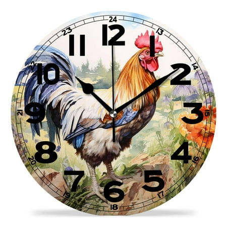 erolrail Rustic Wall Clock,Silent Non Ticking Wall Clocks for Living Room,Bedroom,Kitchen 12IN Farm Chicken and Rooster In The Grass Colorful