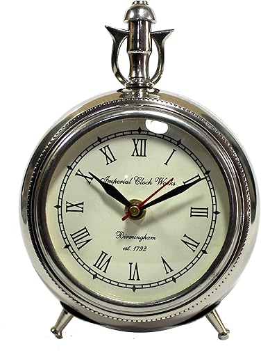 ESPLANADE European Style Vintage Clock Table Desk Shelf Clock - Metal - Chrome Finish - 7 Inches