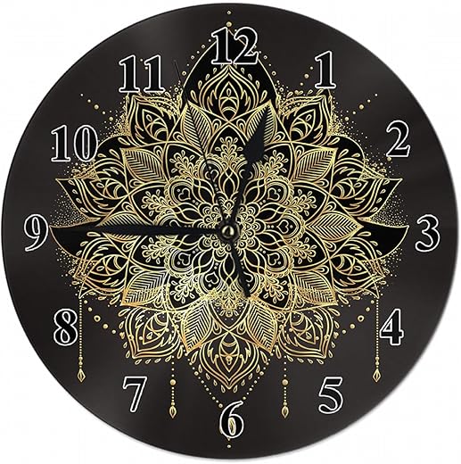 Ethnic Art Lotus Flower Wall Clock Indian Paisley Boho Magic Symbol Patterned Farmhouse Unique Large Clock Wall Battery Operated Silent Non-Ticking Decoration, 10 Inch, A1229