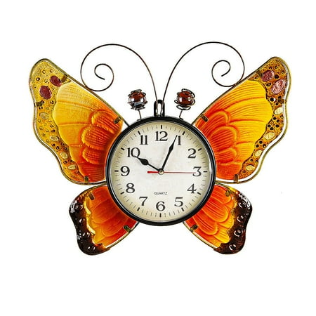 Evergreen Metal and Glass Shaped Wall Clock, Butterfly- 12.6 x 14.75 Inches Fade and Weather Resistant Outdoor Decor for Homes, Yards and Gardens