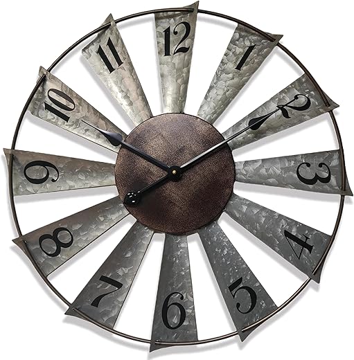 Evursua 24 Inch Modern Farmhouse Clock Large Metal Windmill Clock for Walls Indoor Outdoor Home,Galvanized Metal Decor Wall Clock Distressed