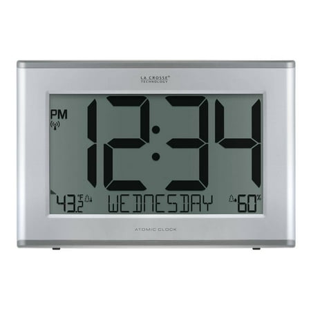 Extra-Large Slim Atomic Digital Silver Clock with Outdoor Temperature and Humidity