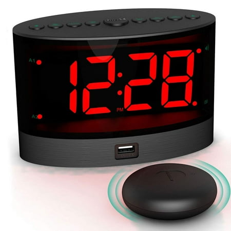 Extra Loud Alarm Clock with Wireless Bed Shaker, Vibrating Dual Alarm Clock for Heavy Sleepers, Deaf and Hearing-impaired, Adjustable Volume/Dimmer/Wake up Mode, USB Charger Port, Pillow Shaker