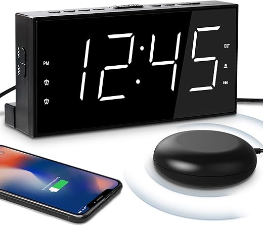 Extra Loud Dual Alarm Clock with Vibration for Bedroom,Extreme Bed Shaker Alarm Clock for Deep Sleeper Hard of Hearing Deaf,7" Clear LED Display,USB Port,Battery Backup,Easy to Set for Senior,Kids,DST