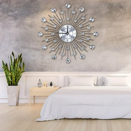 FAGINEY Sparkling Bling Metallic Silver Flower-Shaped Wall Clock For Living Room Office, Decorative Clock, Wall Clock With Bling Diamond