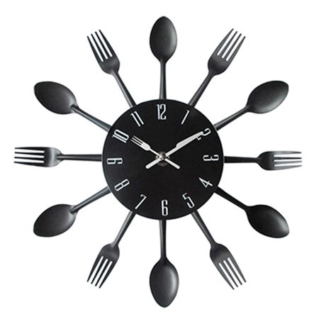 Farfi Modern Cutlery Knife Fork Spoons Quartz Wall Clock Analog Home Office Decoration (Black)