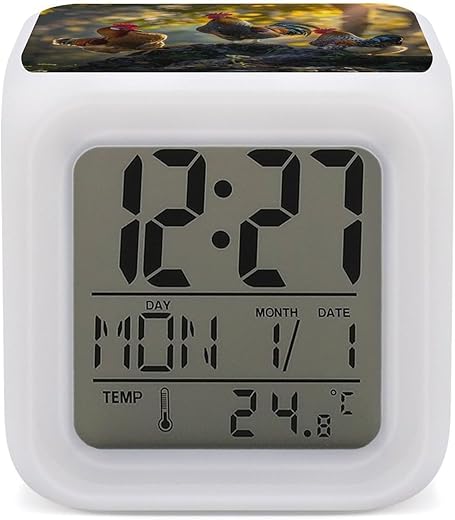 Farm Animal Chicken Rooster Alarm Clock for Bederoom Digital Clock with 7 Color Night Light Bedside Desk Clock