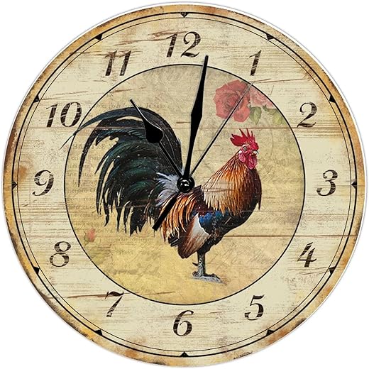 Farmers Market Rooster Wall Clock Kitchen Wall Clock Fresh Farm Wooden Wall Clocks Battery Operated 9 Inch Non-Ticking Retro Farm Wall Decor Home Decor for Living Room Bedroom Office