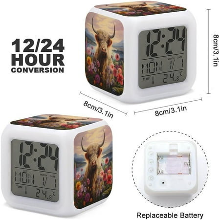 Farmhouse Highland Cow Flower 7 Colors Change Digital Alarm Clock Led Display Deskt[3084]