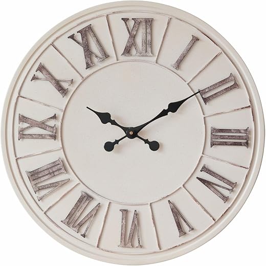 Farmhouse Ivory White Wall Clock - 24 inch, Large Rustic Living Room Decorative Wall Clock | Metal Frame | Roman Numeral | Battery Operated