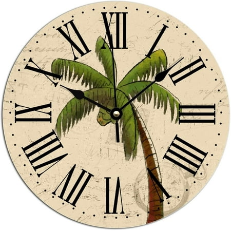 Farmhouse Wall Clocks Vintage French Style Palm Tree Wall Clock Summer Beach Decor Tropical Palm Pvc Wall Clocks Silent Non-Ticking Battery Wall Clocks For Living Room 10X10In