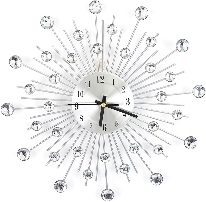 Fashion Modern 3D Crystal Wall Clock, Luxury 12 Inch Non-Ticking Bling -Studded Metal Wall Clock for Living Room, Hotel, Bedroom Decoration