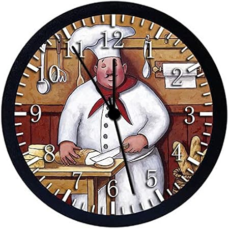 Fat Chef Kitchen Wall Clock Large 12 Black Frame Clear Face Silent Non-Ticking Nice for Gift or Décor G01