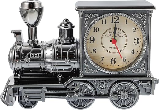 FAVOMOTO Grey Retro Train Clock Model Train Locomotive Clock Table Time Clock Steampunk Decoration Home Office Shelf Train Model Time Clock (No Battery)