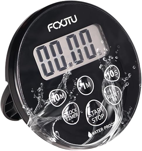 FCXJTU Digital Waterproof Shower Timer, Bathroom Shower Clock, Kitchen Countdown Cooking Timer with Alarm, 12/24H Clock, Magnetic Back, Stand Black