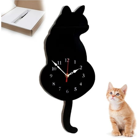 FENGCat Wagging Tail Wall Clock Creative Cute Cat Pendulum Clock Cat Clock with Moving Tail Modern Acrylic Wall Clock, Cat Lovers for Bedroom Home Décor - Battery Not Included (Black)-240810