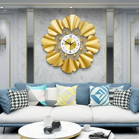 FETCOI Large Wall Clock Flower Shape Silent Scanning Movement Gold Wall Clock Modern Art Decorative Wall Clocks for Living Room Decor