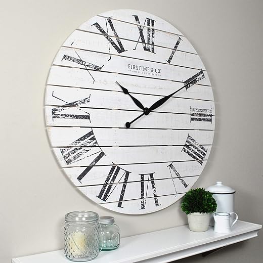 FirsTime and Co. Farmhouse Shiplap Wall Clock, American Crafted, White, Wood, 29 x 2 x 29 in White