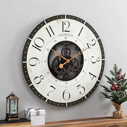 FirsTime & Co. Beige and Bronze Carlisle Gears Wall Clock, Large Vintage Decor for Living Room, Home Office, Round, Wood and Plastic, Farmhouse, 27 inches