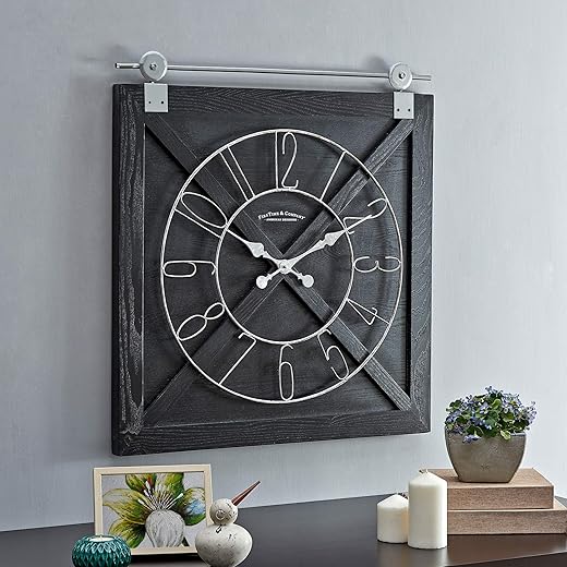 FirsTime & Co. Black Farmstead Barn Door Wall Clock for Home Office, Kitchen, Living Room, Bedroom, Square, Wood and Metal, Farmhouse Decor, 29 x 27 inches