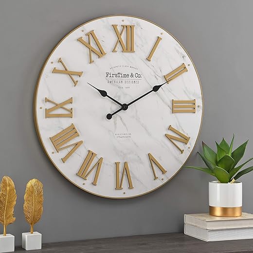 FirsTime & Co. Gold and White Emmett Marbleized Wall Clock, Large Vintage Decor for Living Room, Home Office, Round, Plastic, Modern, 27 inches