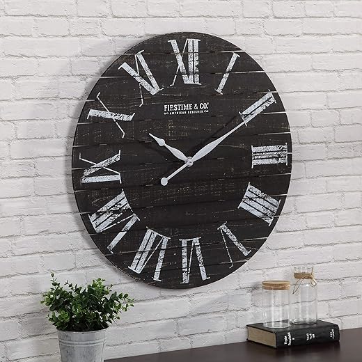 FirsTime & Co. Midnight Shiplap Wall Clock, 29", Distressed Black, White