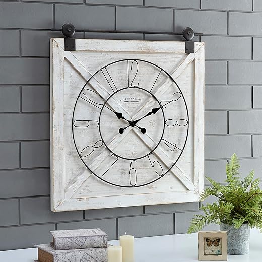 FirsTime & Co. White Farmstead Barn Door Wall Clock for Home Office, Kitchen, Living Room, Bedroom, Square, Wood and Metal, Farmhouse Decor, (27W x 29H inches)