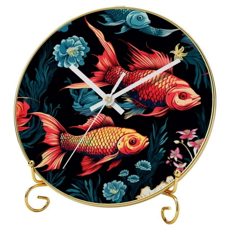 Fish Round Printed Wall Clocks with Hooks and Gold Stand - Silent Non-Ticking Decorative Timepieces for Any Room Décor