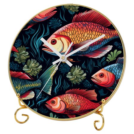 Fish Round, Printed Wall Clocks with Hooks and Gold Stand: Silent, Non-Ticking Timepieces for Any Room Décor