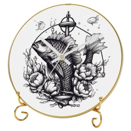 Fish Round Printed Wall Clocks with Hooks and Gold Stand, Silent Non Ticking Clocks for Home and Office Décor