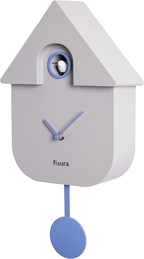 fisura. - Cuckoo Clock Grey, Blue and White. Cuckoo Wall Clock. Original Wall Clock. 3 AA Batteries Not Included. 21.5 x 8 x 41.5. ABS Plastic.