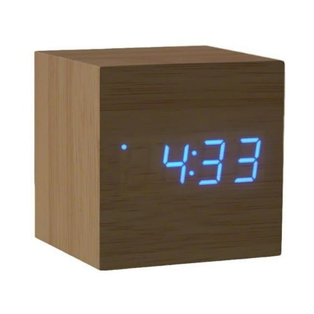 Flashing Blue LED Wooden Cube Digital Alarm Clock with USB