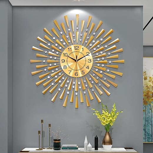 FLEBLE Large Wall Clocks for Living Room Decor Big Modern Silent Wall Clock Battery Operated Non-Ticking for Office Kitchen Bedroom Home Decorative Round Gold Metal Crystal Wall Watch for Indoor