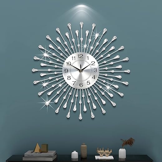 FLEBLE Modern Large Wall Clocks for Living Room Decor Big Silent Wall Clocks Battery Operated Quartz for Bedroom Office Kitchen House Metal 24 Inch Silver Round Clock Wall Decorative for Home Indoor