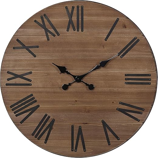 FLORA Large Wall Clock Silent Decor, 24 Inches Round Wooden Wall Clocks with Roman Numerals for Living Room Home Office Kitchen