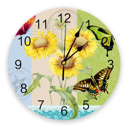 Flower Sunflower Butterfly Postmark Modern Wall Clock For Home Office Decoration Living Room Bathroom Decor Hanging Watch