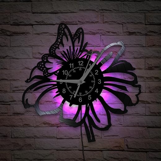 Flowers with a Butterfly Wall Clock, 7 Colors Luminous 12 Inch Night Light Wall Lamp Clock, Silent Quartz Non Ticking Modern Decorative Vinyl Record Wall Clock for Girls Room Garden Park Gift