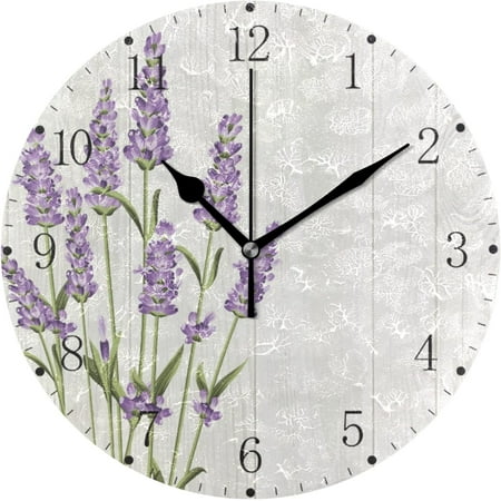 Flower Wall Clocks Battery Operated 10 inch Silent Non-Ticking Quiet Purple Lavender Desk Clock Decor for Living Room Home Office School Kitchen (Small,Round)