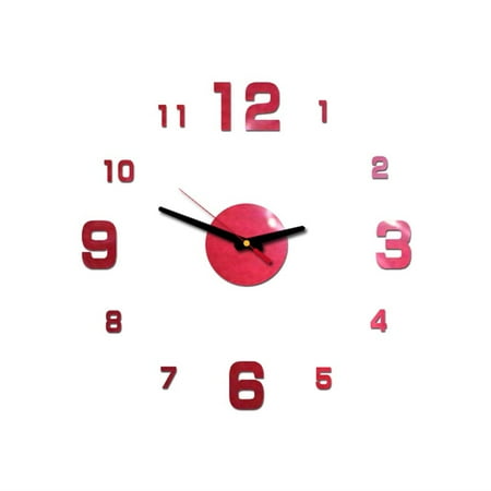 Follure 3D DIY Roman Numbers Acrylic Mirror Wall Sticker Clock Home Decor Mural Decals Red