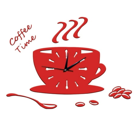 FOMIYES 3D DIY Acrylic Wall Clock Modern Kitchen Home Decor Coffee Time Clock Cup Shape Wall Sticker Hollow Numeral Clock (Red, Random Style)