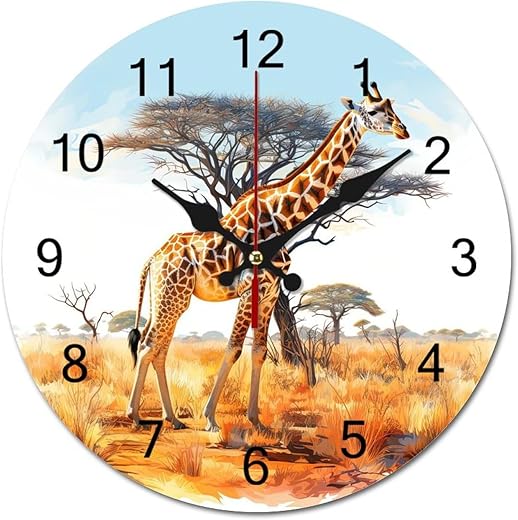 Forest Silent Non-Ticking Wooden Decorative Wall Clock, Tallest Neck Animal Battery Operated Clock, Easy to Hang - Perfect for Office, Bedroom, Living Room, Classroom, Restaurant