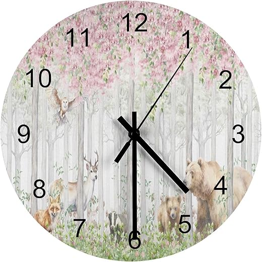 Forest Wall Clock Silent Non Ticking Battery Operated, Cartoon Nature Forest Flower Animal Bear, Deer, Fox, Rabbit Clock Decorative for Bathroom Kitchen Bedroom Living Room(12 Inch)