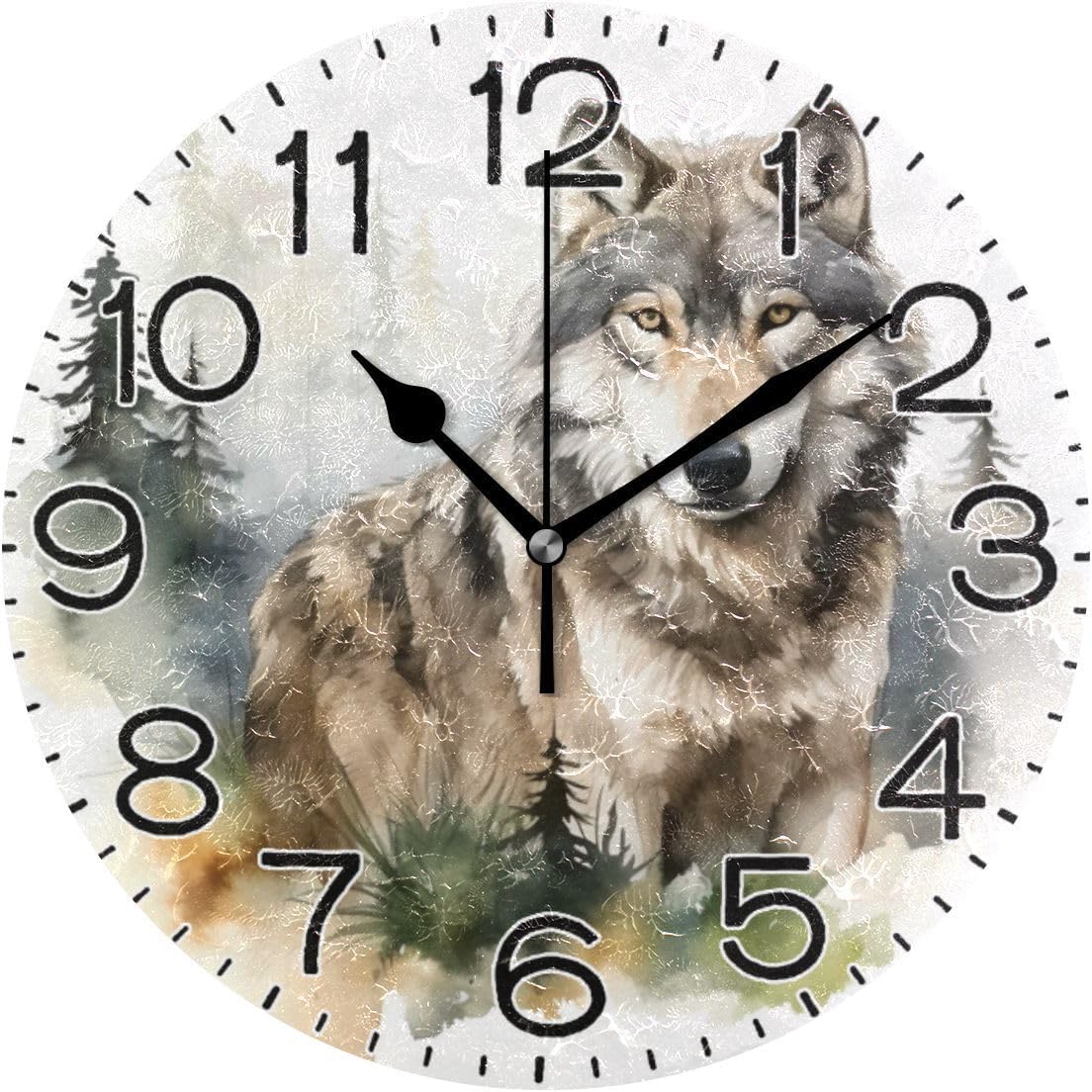 Forest Wolf Wall Clock Battery Operated Non Ticking Silent Quartz Analog Rustic Farmhouse Round Clock Retro Decor for Home Kitchen Living Room Bathroom