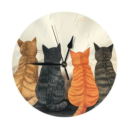 Four Cats Watching Rain Wall Clock Silent Non Ticking - 10 Inch Battery Operated Modern Clocks for Living Room Bedroom Kitchen Bathroom Office Classroom, Decorative Clocks