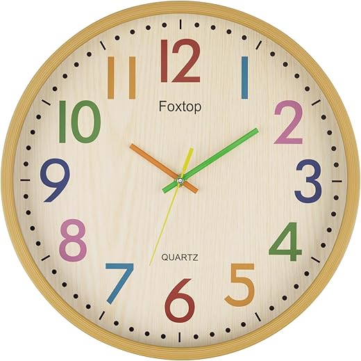 Foxtop 14 Inch Kids Wall Clock Silent Non-Ticking Battery Operated Colorful Childrens Wall Clock for Classroom Playroom Nursery Bedrooms Kids Room School