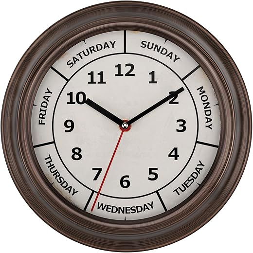 Foxtop Day of The Week Wall Clock for Seniors, Metal Retro Frame 12 Inch Bronze Classic Silent Day Clocks for Living Room Bedroom Home, Ideal Retirement Gift for Men & Women