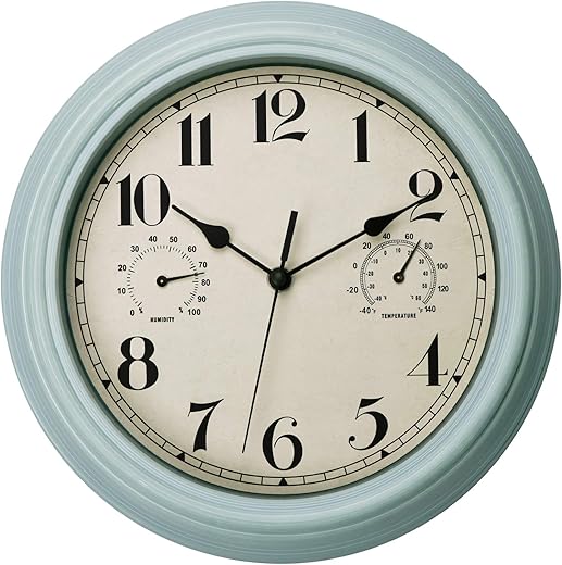 Foxtop Indoor Outdoor Waterproof Wall Clock with Thermometer and Hygrometer Combo, 12 inch Retro Silent Non-Ticking Battery Operated Quality Quartz Round Clock for Patio Home Decor (Blue)