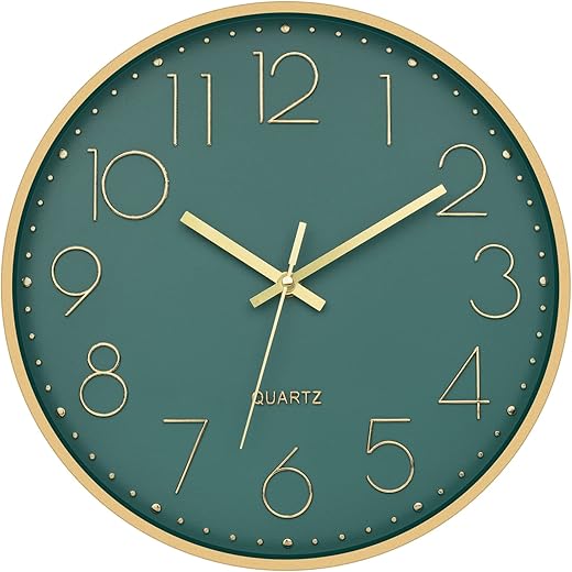 Foxtop Modern Wall Clock 12 Inch Silent Non Ticking Battery Operated Round Quartz Gold Wall Clock for Living Room Bedroom Kitchen Office Classroom Decor (Dark Green Dial)